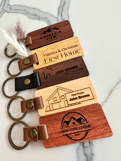 Personalized Wooden Keychain: Engraved Gift for Realtors, Airbnb Hosts, Homeowners & More
