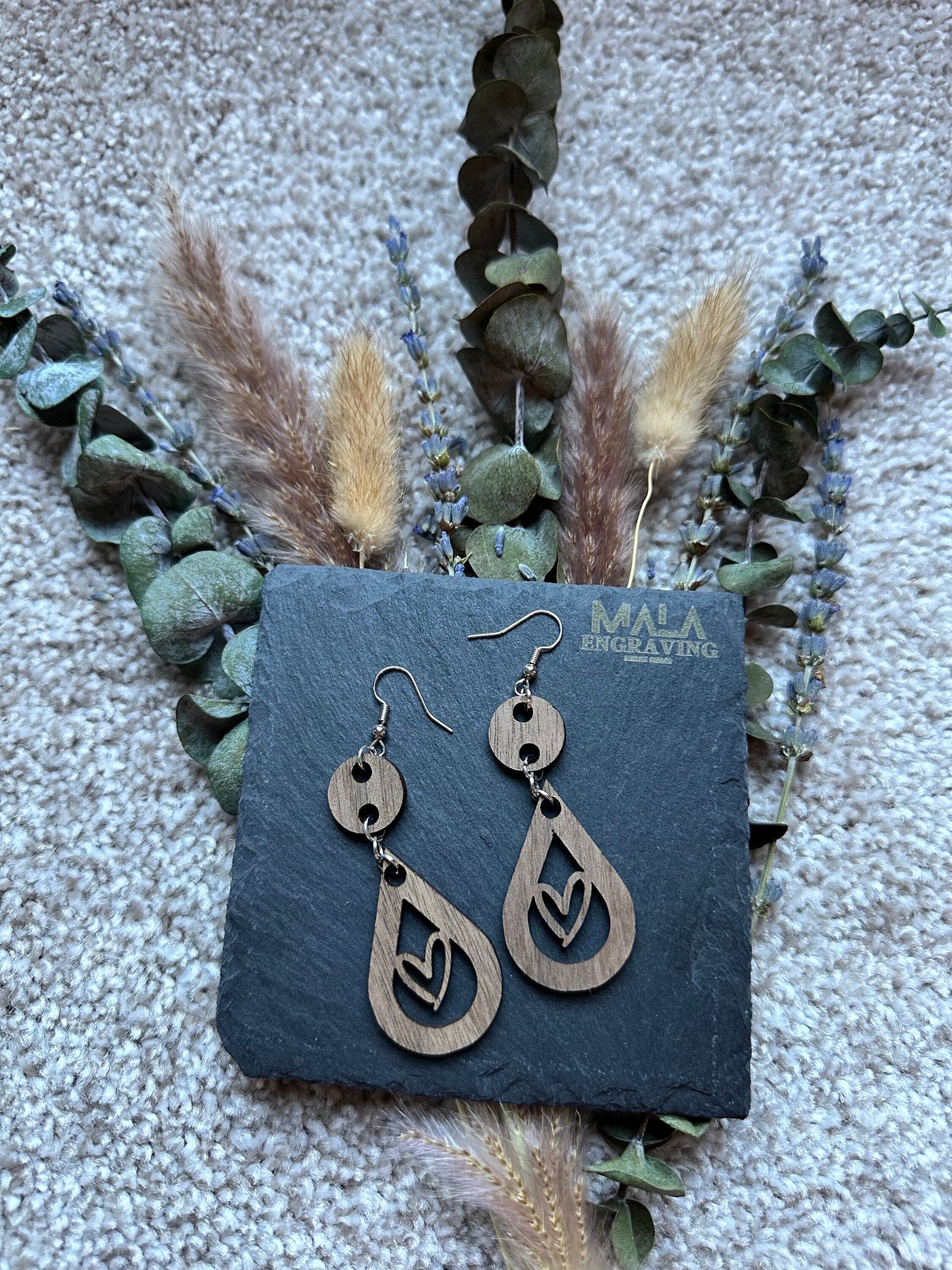 Laser-Engraved Heart Drop Walnut Wood Earrings: Lightweight Boho Jewelry for Women