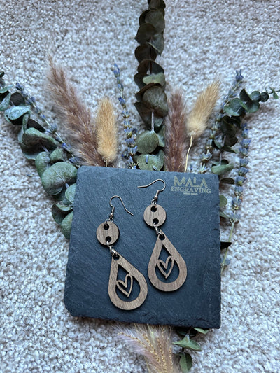 Laser-Engraved Heart Drop Walnut Wood Earrings: Lightweight Boho Jewelry for Women
