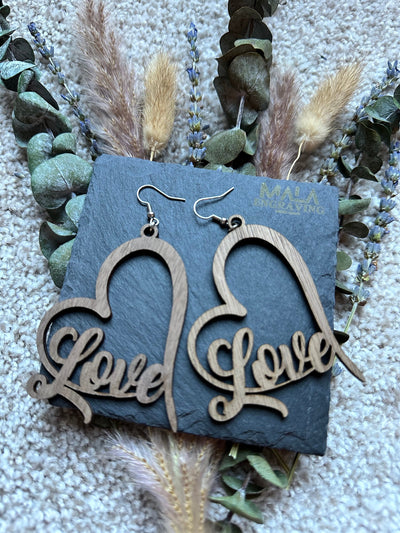 Walnut Wood Heart Earrings: Laser Engraved, Lightweight Boho Dangle for Women