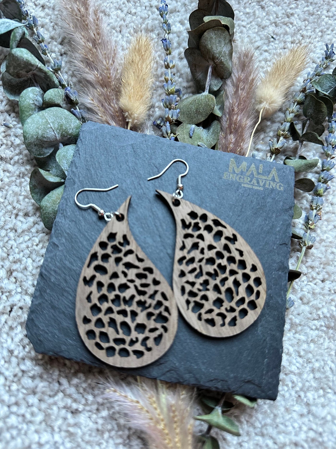 Boho Walnut Wood Earrings - Laser Engraved, Lightweight Drop Dangle for Women, Mandala Design
