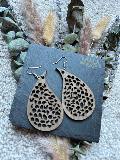 Boho Walnut Wood Earrings - Laser Engraved, Lightweight Drop Dangle for Women, Mandala Design