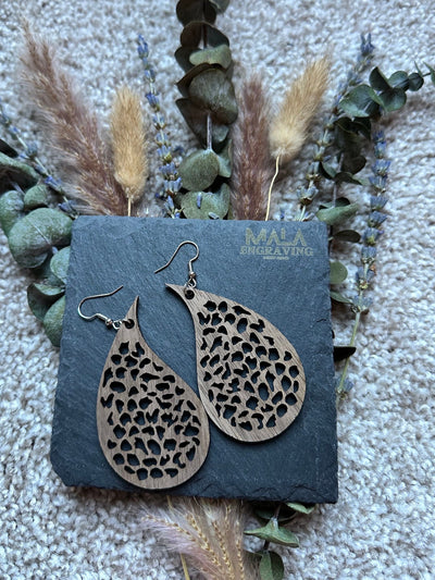 Boho Walnut Wood Earrings - Laser Engraved, Lightweight Drop Dangle for Women, Mandala Design
