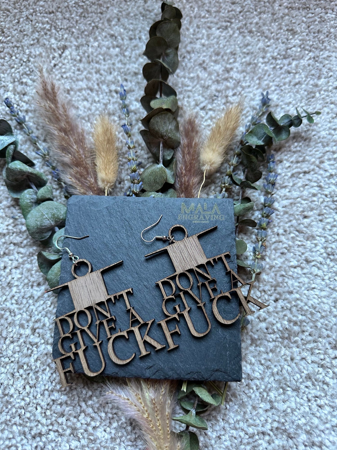 Sassy Statement Walnut Wood Earrings - Laser Engraved 'I Don't Give a F*ck' Hanging Boho Jewelry