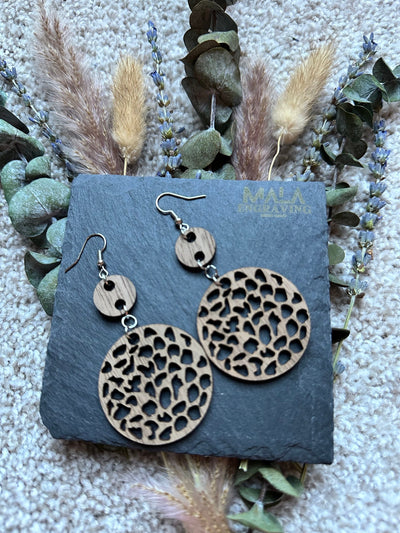 Boho Walnut Wood Earrings: Laser Engraved, Lightweight Dangle Jewelry for Women