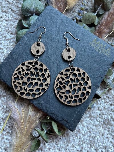 Boho Walnut Wood Earrings: Laser Engraved, Lightweight Dangle Jewelry for Women