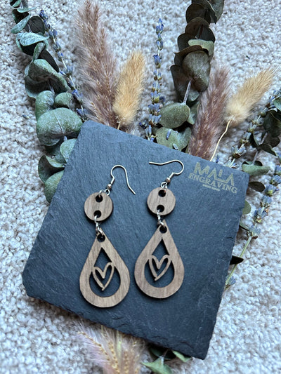 Laser-Engraved Heart Drop Walnut Wood Earrings: Lightweight Boho Jewelry for Women