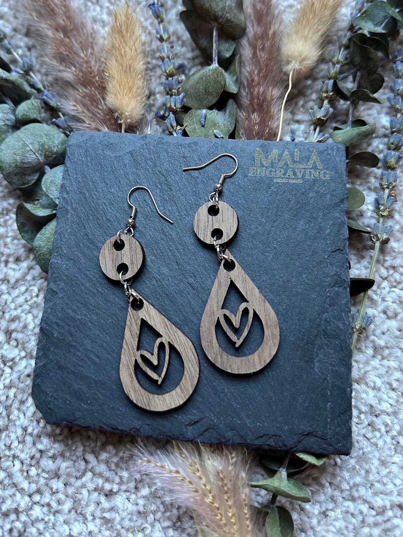 Laser-Engraved Heart Drop Walnut Wood Earrings: Lightweight Boho Jewelry for Women