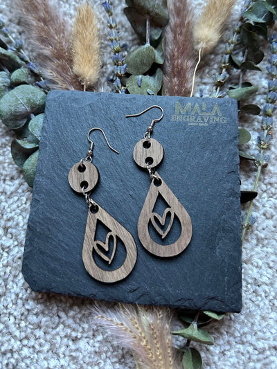 Laser-Engraved Heart Drop Walnut Wood Earrings: Lightweight Boho Jewelry for Women