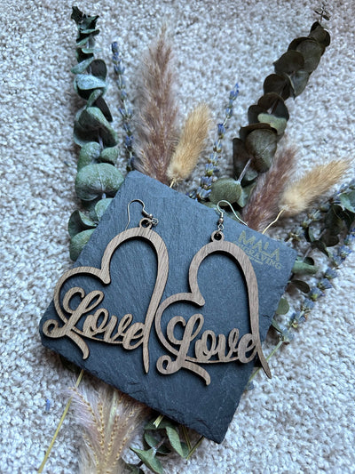 Walnut Wood Heart Earrings: Laser Engraved, Lightweight Boho Dangle for Women