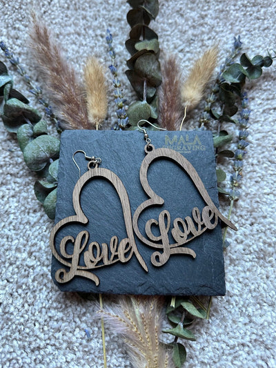 Walnut Wood Heart Earrings: Laser Engraved, Lightweight Boho Dangle for Women