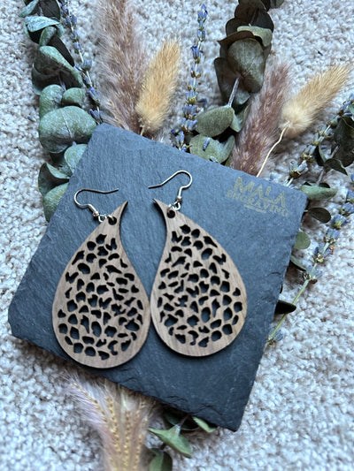 Boho Walnut Wood Earrings - Laser Engraved, Lightweight Drop Dangle for Women, Mandala Design