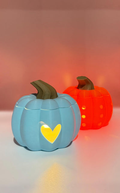 3D Printed Pumpkin LED Tea Light Holder with Lid – Halloween Jack O Lantern Candle Holder, Heart & Hole Cutout Pumpkin Décor