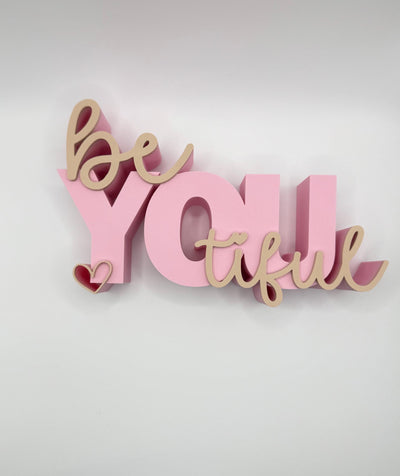 3D Printed Standing Sign “Be Beautiful” – Inspirational Word Art Motivational Desk or Shelf Decoration Modern Home Décor Self Love Gift Idea