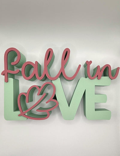 3D Printed “Fall in Love” Standing Sign – Modern Lettering Décor, Wedding Decoration & Romantic Home Accent Fall Decoration, Bookshelf decor
