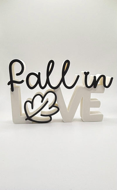 3D Printed “Fall in Love” Standing Sign – Modern Lettering Décor, Wedding Decoration & Romantic Home Accent Fall Decoration, Bookshelf decor