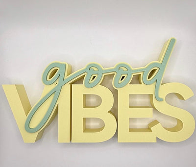 3D Printed “Good Vibes” Standing Sign Modern Lettering Décor Positive Quote Home Decoration Minimalist Desk Sign bookshelf decor Word art