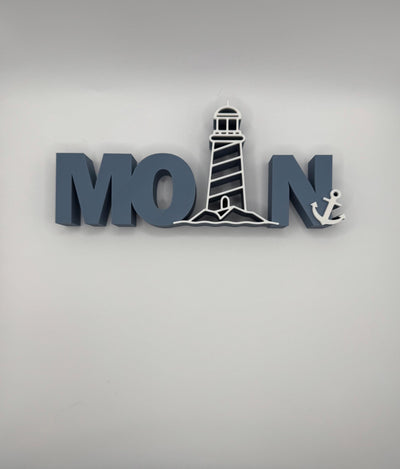 3D Printed Standing Sign “Moin” – German Greeting Home Décor, Coastal Shelf Decoration, Funny Desk Sign, Entryway Gift Bookshelf decor
