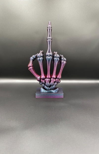 3D Printed Skeleton Hand with Middle Finger Statue – Gothic Desk Decor, Funny Halloween Figurine, Spooky Bookshelf Ornament Unique Gift Idea