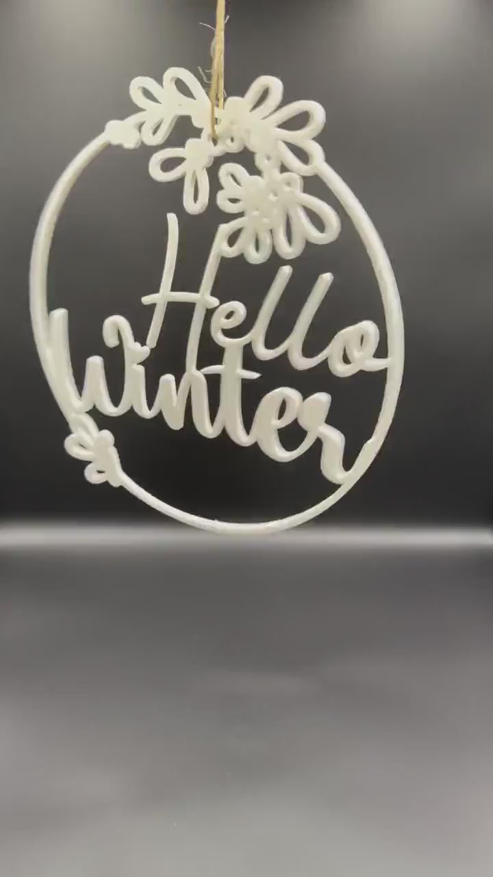 3D Printed “Hello Winter” Wreath Winter Door Sign Modern Seasonal Wall Decor Neutral Cozy Winter Decoration Front Door Hanging Cozy