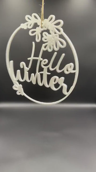 3D Printed “Hello Winter” Wreath Winter Door Sign Modern Seasonal Wall Decor Neutral Cozy Winter Decoration Front Door Hanging Cozy