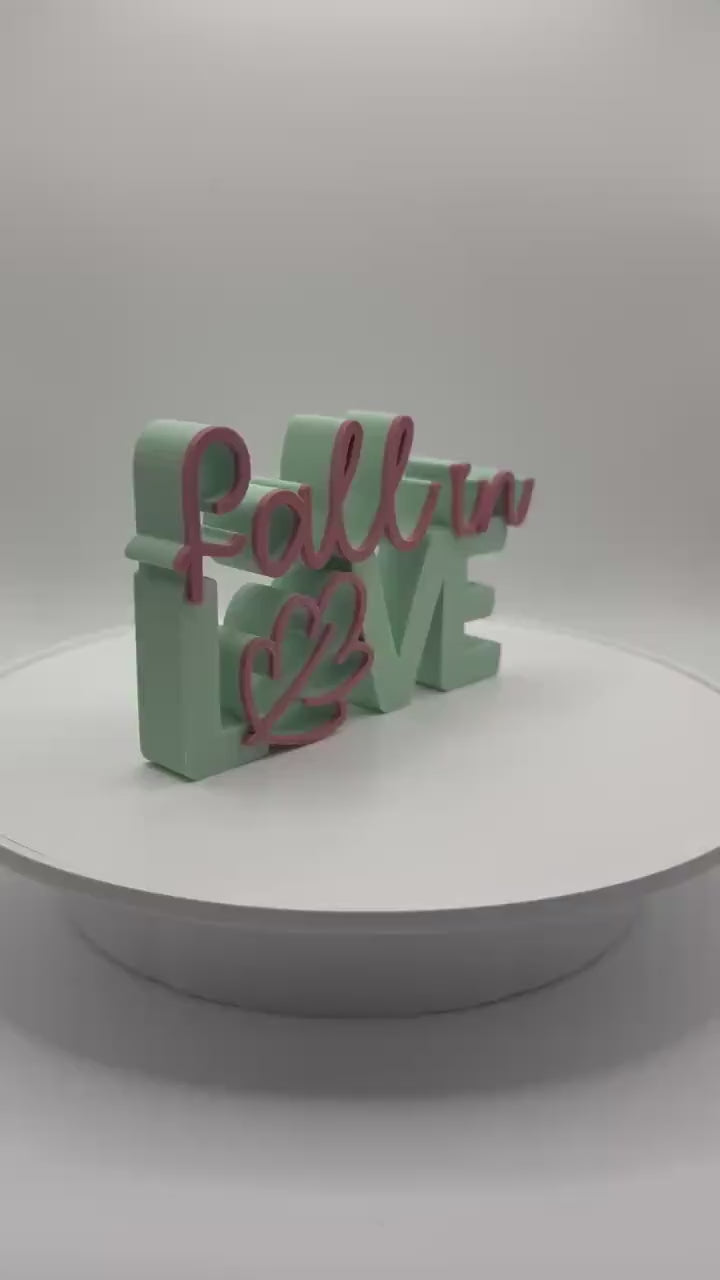 3D Printed “Fall in Love” Standing Sign – Modern Lettering Décor, Wedding Decoration & Romantic Home Accent Fall Decoration, Bookshelf decor